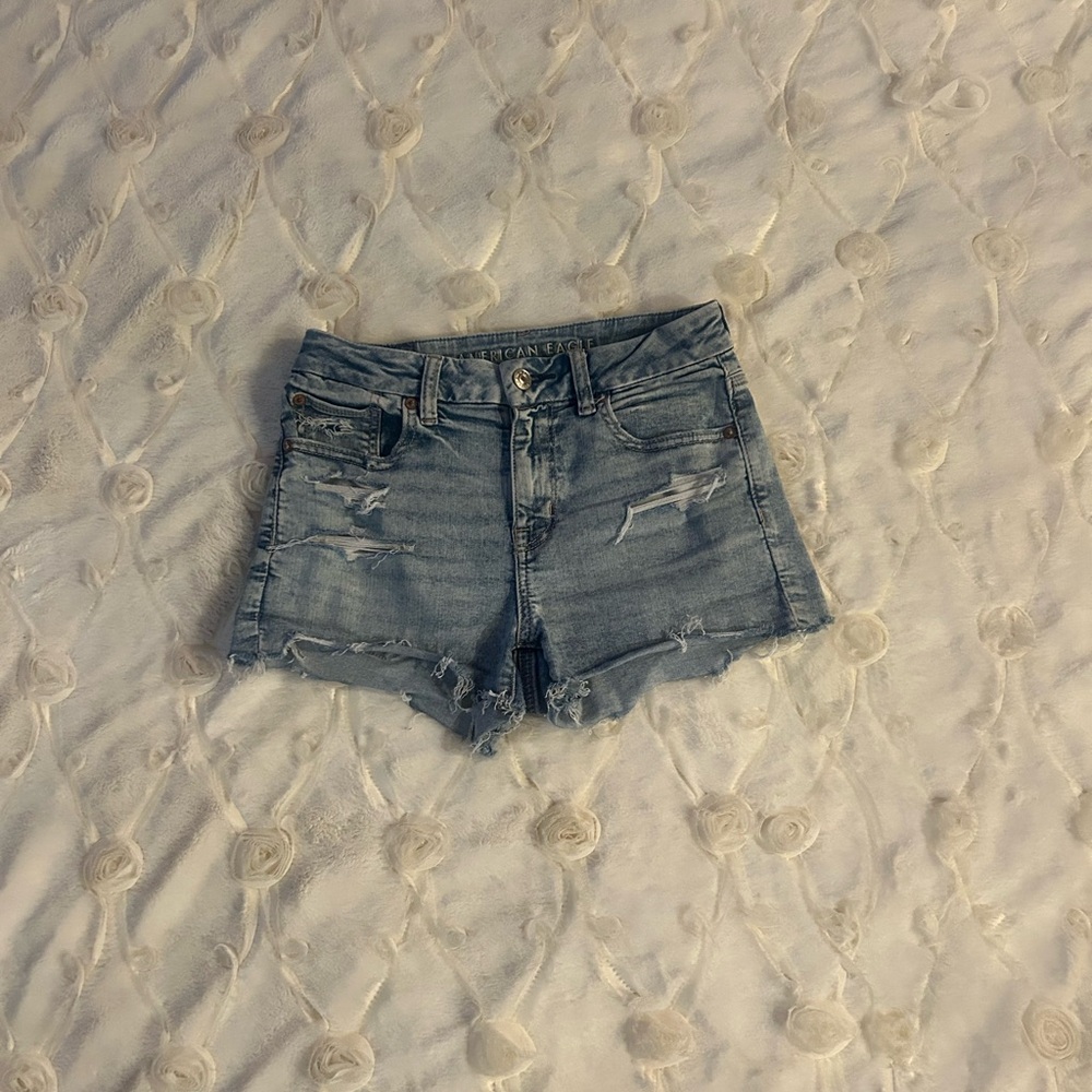 American Eagle Outfitters! 2 NEXT LEVEL STRETCH Light Blue and Black Jean Shorts - Picture 2 of 9